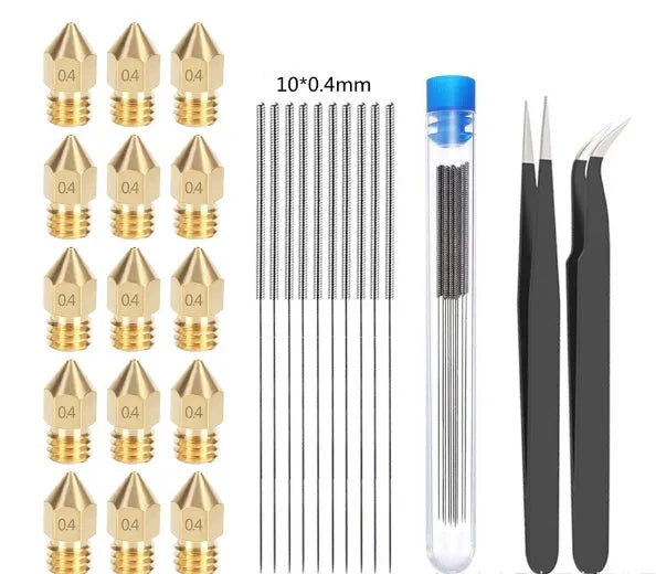 Brass MK8 3D printer nozzle and stainless steel cleaning pin set on a white background.