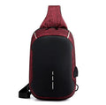 Dark blue waterproof oxford chest bag with adjustable strap, showing front zipper and compact square shape.