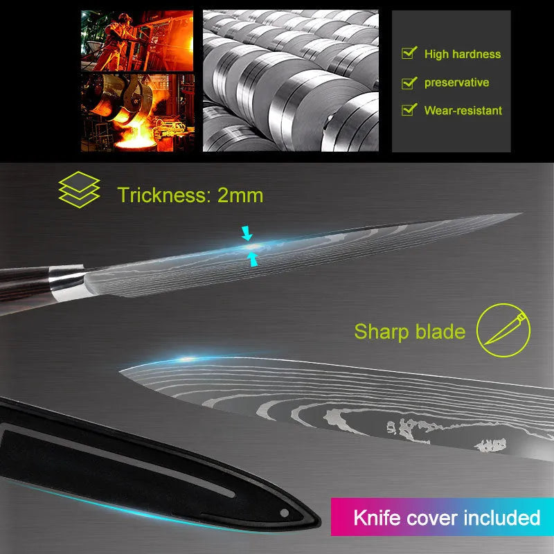 7CR17 stainless steel chef knife with laser Damascus pattern and colour steel handle