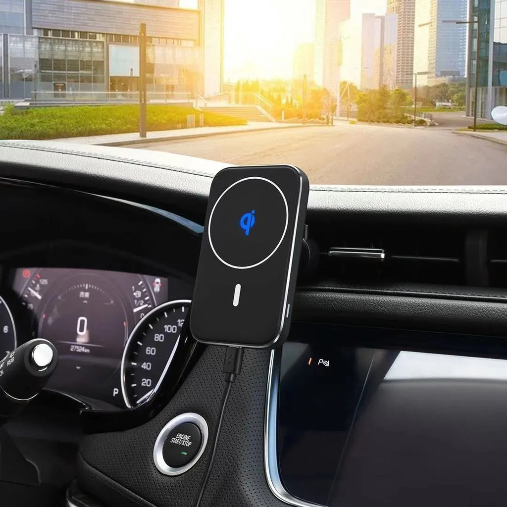 Black M6 magnetic wireless car charger with flexible gooseneck arm mounted on a car air vent, charging an iPhone.