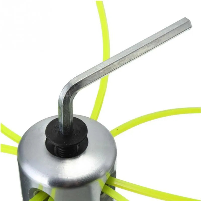 Aluminium cylinder grass trimmer replacement head with four light yellow square ropes and a wrench