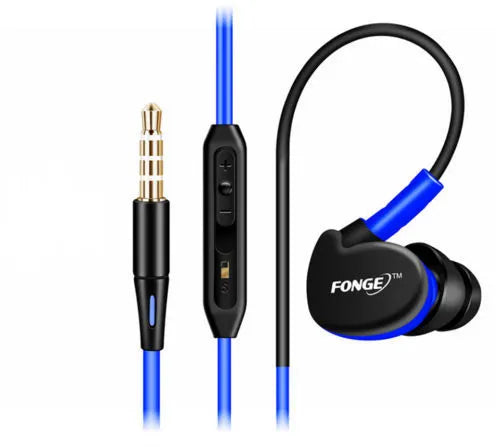 Ear-hook wired sports headset with microphone and 3.5mm plug, black colour, on white background