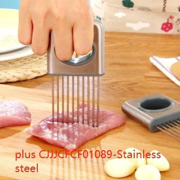 Stainless steel and PP plastic onion fork kitchen utensil for pressing garlic and vegetables.
