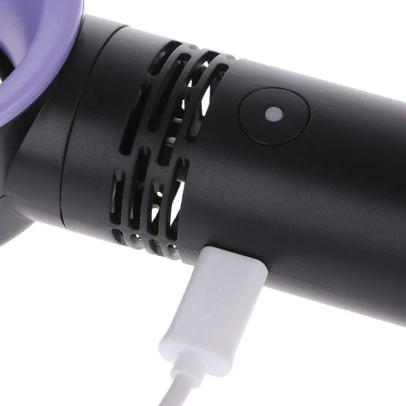 A compact USB rechargeable bladeless portable fan in various colours on its base.