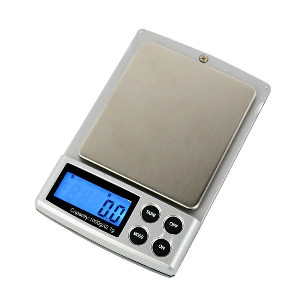 Gold electronic scale with 0.1g resolution, 10000g capacity, and 73mm x 65mm stainless steel tray