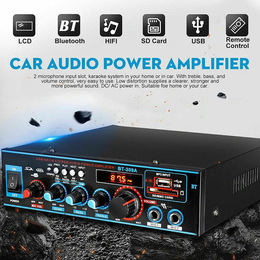 Black BT-309A-A dual-purpose power amplifier with wire clamp connections and remote control
