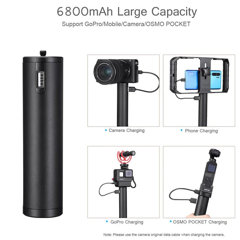 Black aluminium alloy portable power bank charging treasure handle showing size scale.