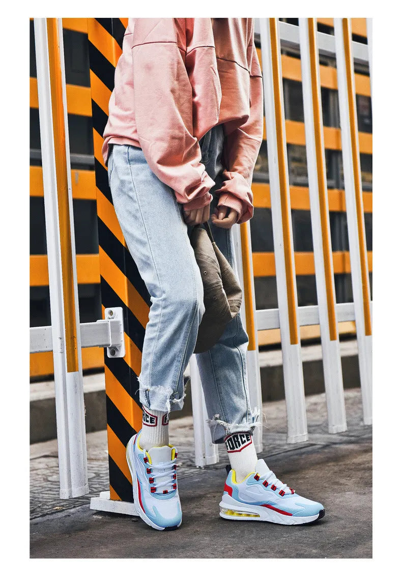 Men's low top breathable casual sports shoes with mesh inner and air cushion sole, available in three colours.