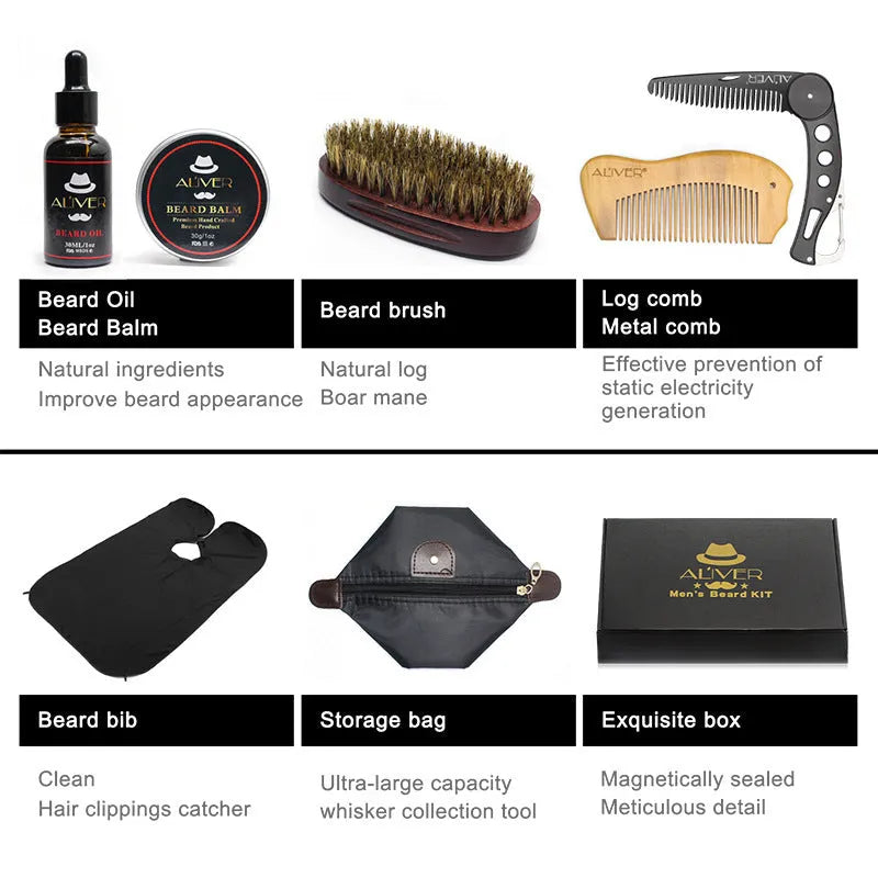7-piece black beard grooming set with wood brush, metal comb, scissors, apron and cleaning brush on a surface