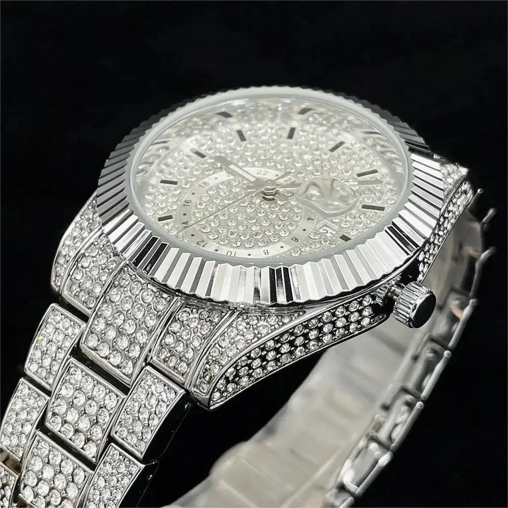 Silver full diamond night glow waterproof men's watch with 42mm dial and gold-plated strap on display