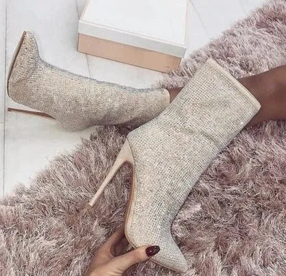 Women's pointed toe stiletto heeled boots in beige suede with rhinestone detail and side zipper