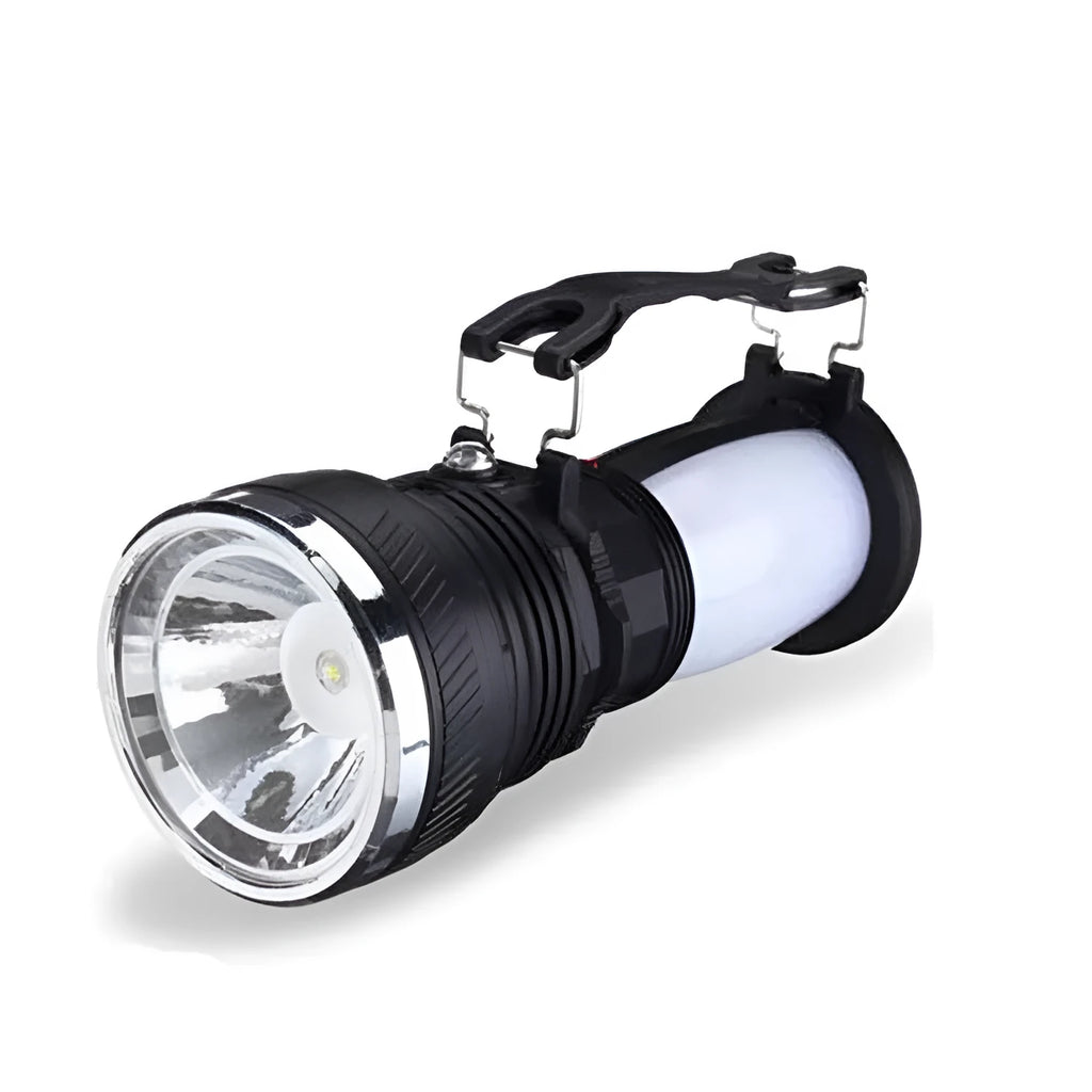Black solar and USB rechargeable LED flashlight with a press switch.