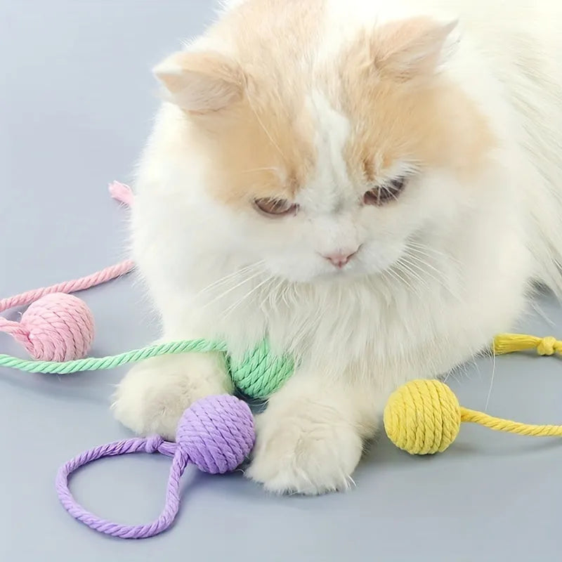 Cat toy ball with rope attachment and bell inside, shown in green, pink, purple, and yellow colour options