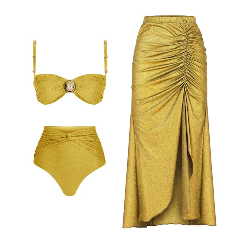 Women's high-waist bikini swimsuit with split detail and cover-up skirt in yellow or green nylon fabric
