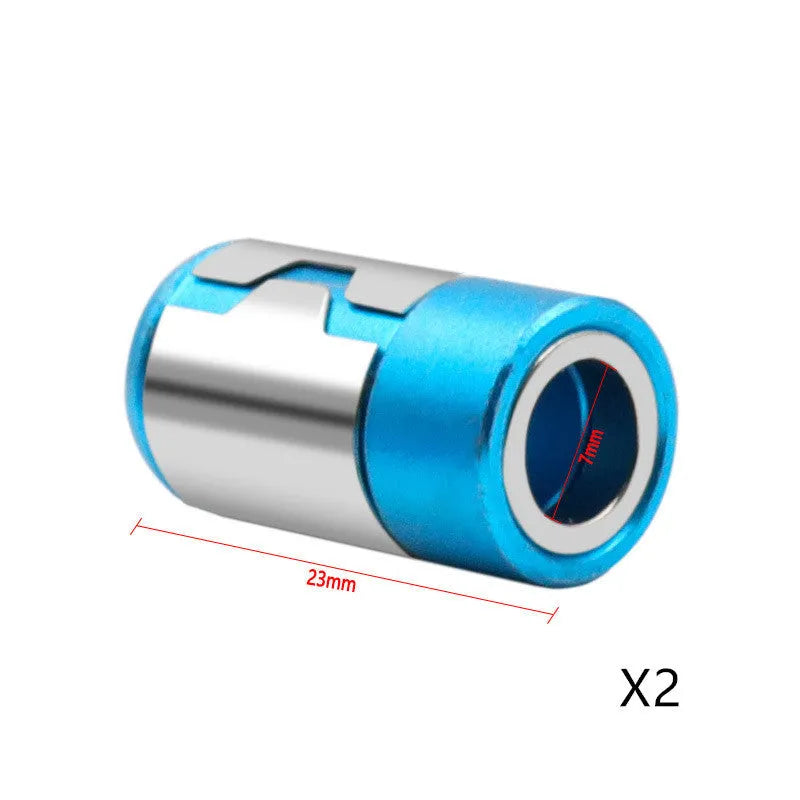 Light blue screwdriver bit with magnetic ring for slotted screw assembly