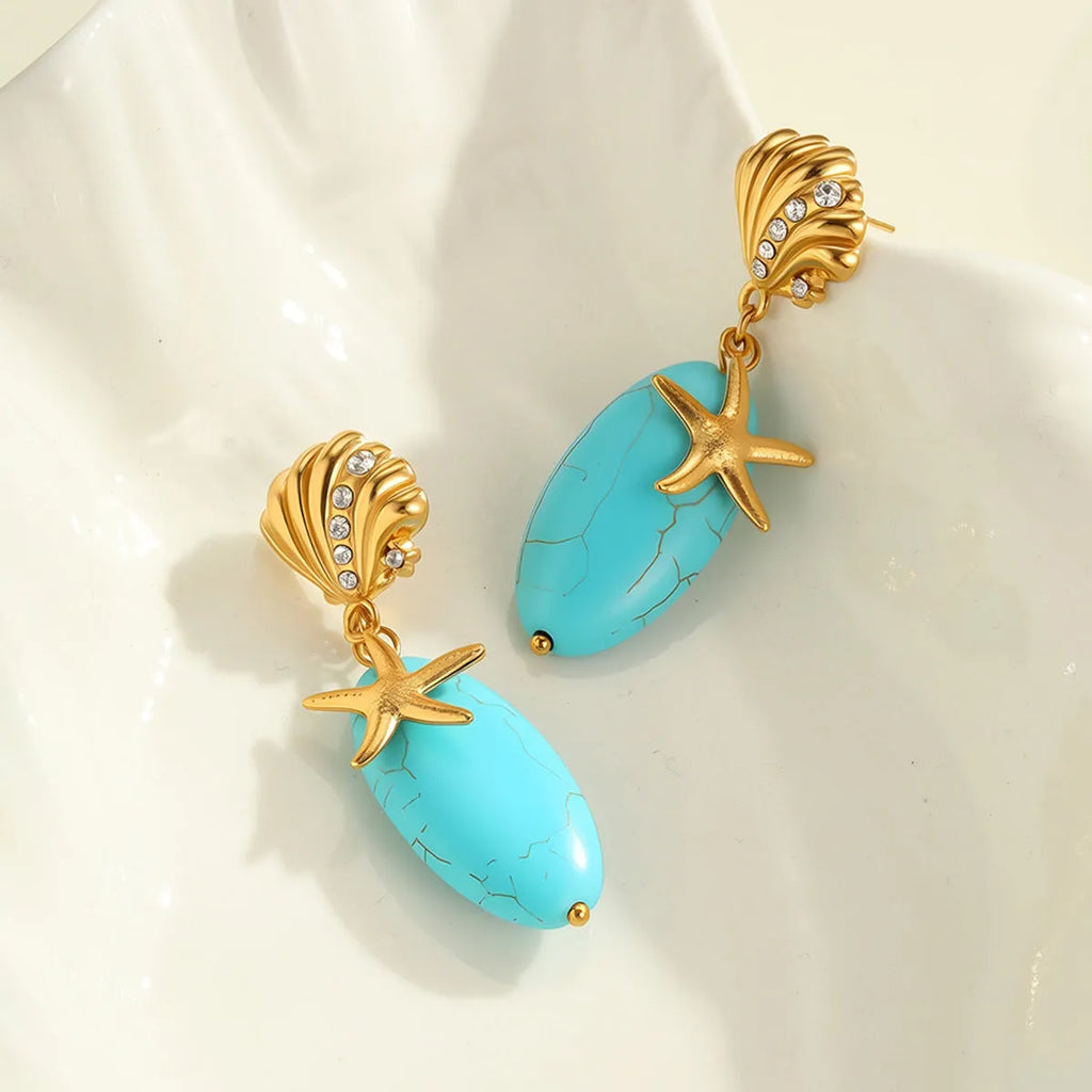 Natural turquoise stone earrings in stainless steel with 18K electroplated gold-tone geometric star shape