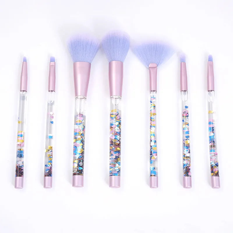 7-piece makeup brush set with rayon bristles, PU tip, long plastic handle, 20cm length, pink colour