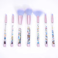 7-piece makeup brush set with rayon bristles, PU tip, long plastic handle, 20cm length, pink colour