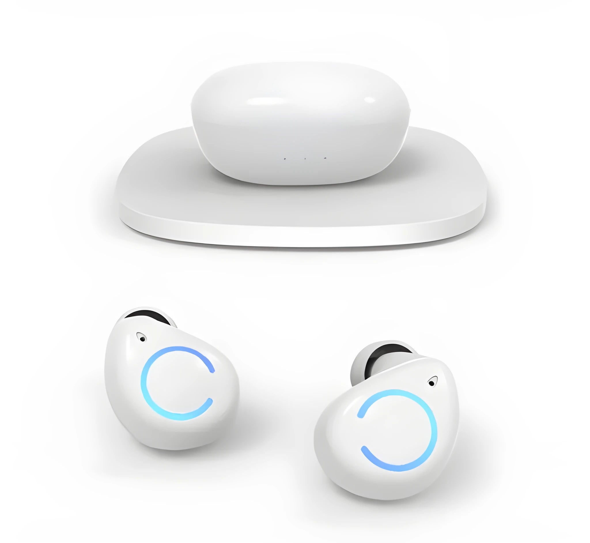 Black and white M18 true wireless Bluetooth earbuds with charging case.