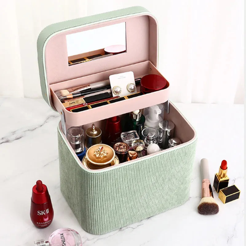 Solid colour corduroy cosmetic storage case with large capacity for home organisation.