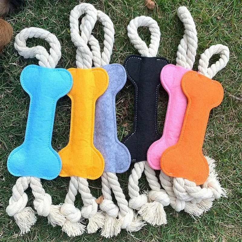 Bone-shaped felt dog toy with rope knot construction, showing black colour option