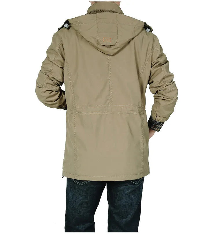 Men's spring thin jacket with hood and stand collar in black, waterproof nylon shell, available in sizes M to 4XL