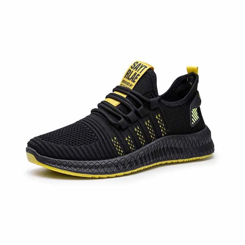 Men's black casual sports shoes with flying three bars stripe pattern and cross strap details on a white background.