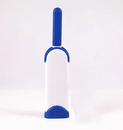 Blue reusable pet hair removal comb with double-sided lint brush and self-cleaning base