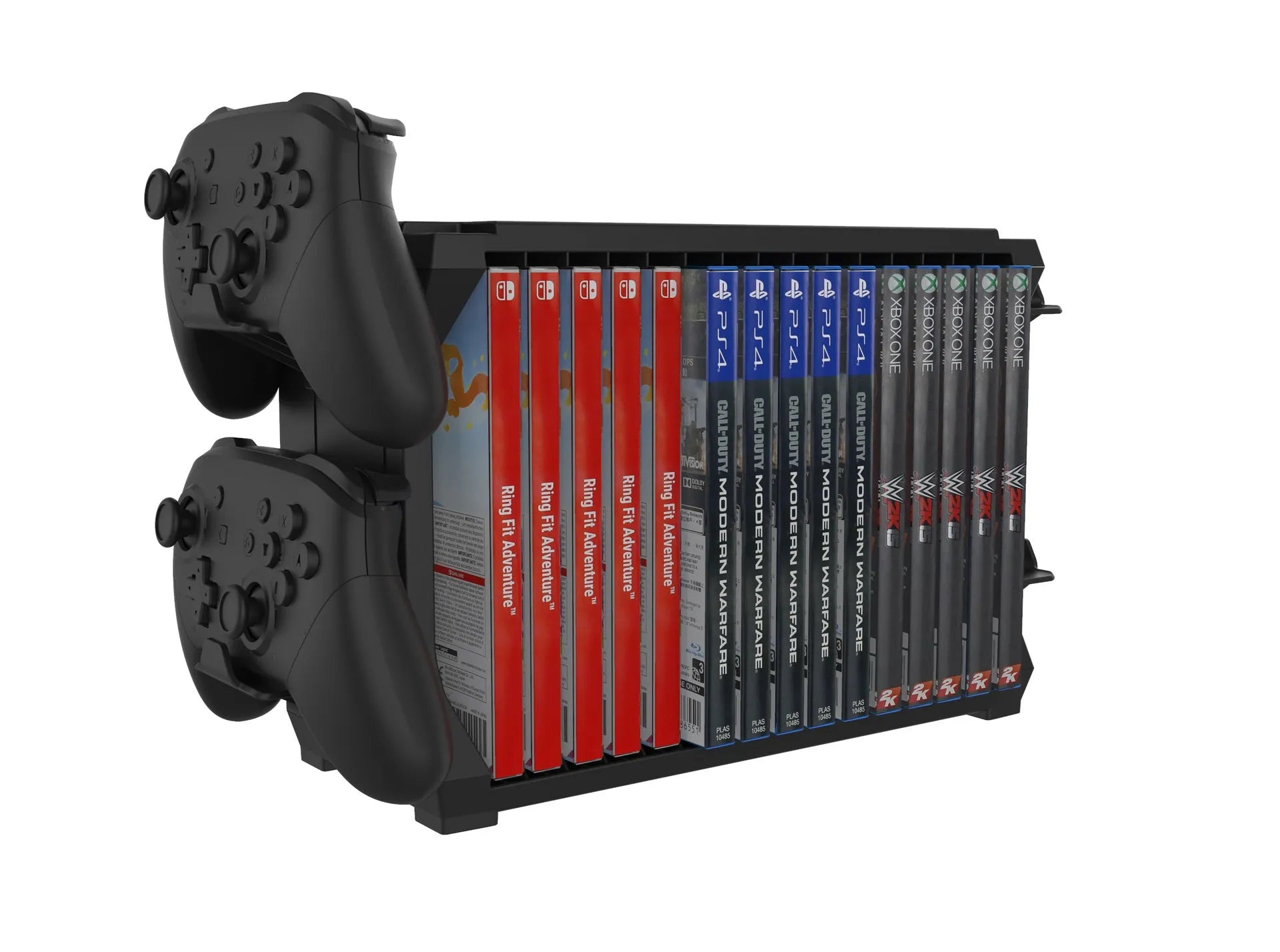 Black PS5 and Xbox Series X game disc holder with slots for discs and pegs for four controllers.