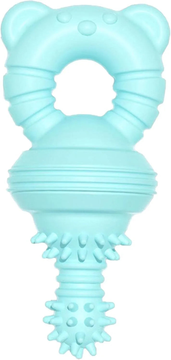 Blue rubber dog chew toy with textured surface for teeth cleaning, measuring 13.5cm
