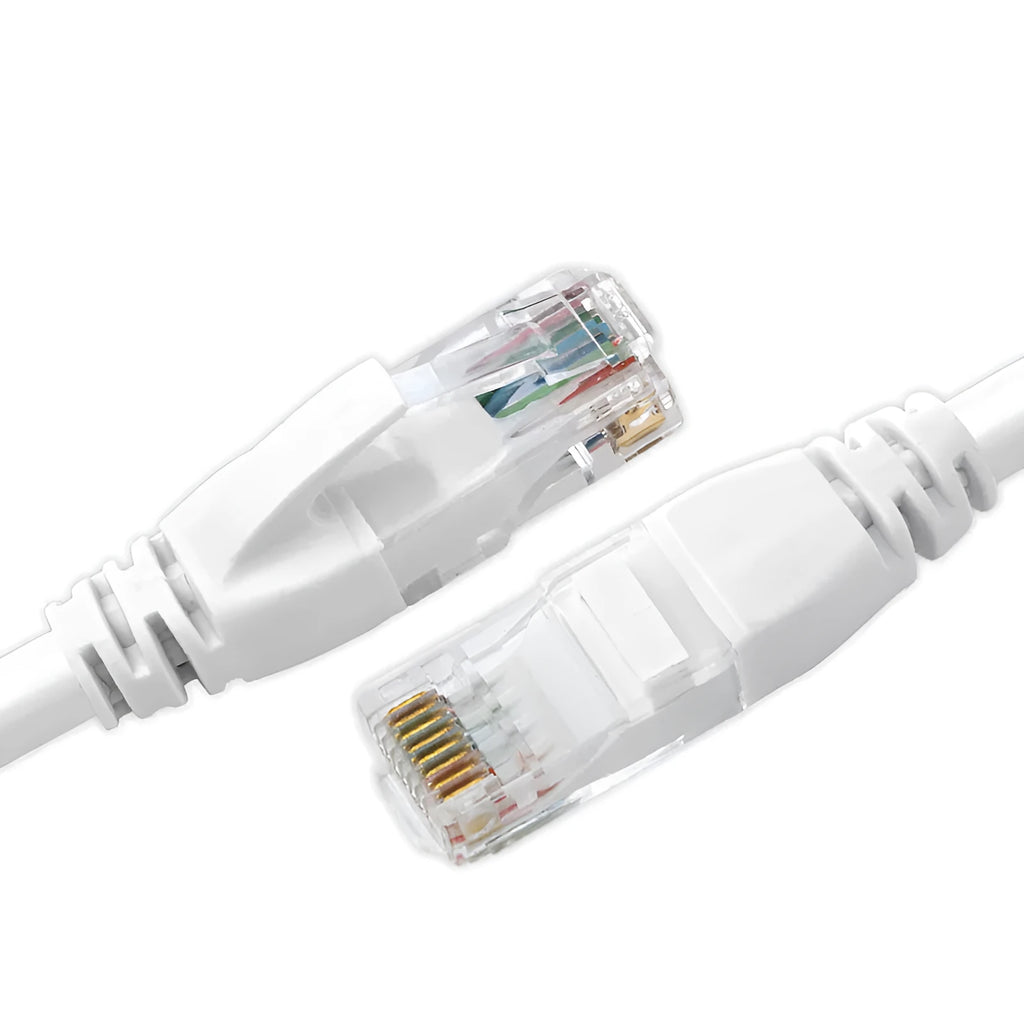 White Cat6 network cable with RJ-45 connectors on a plain background