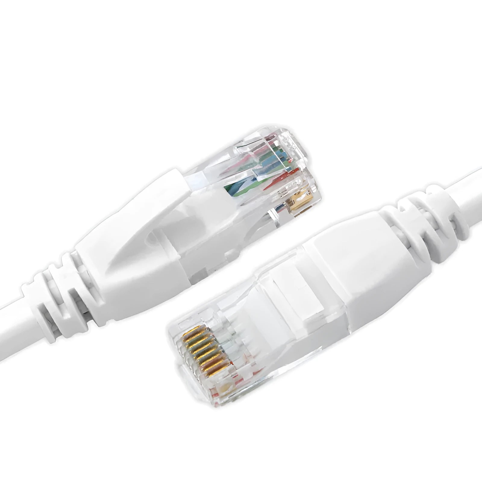 White Cat6 network cable with RJ-45 connectors on a plain background