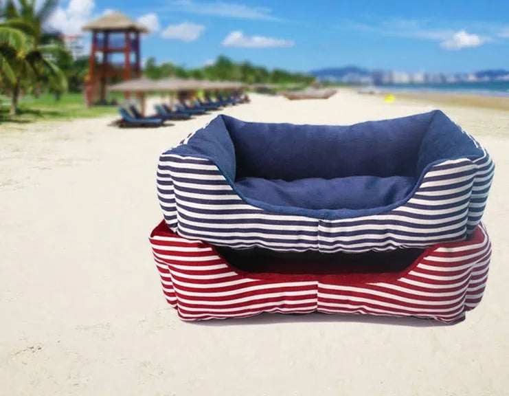 Canvas and Short Plush Retro Square Pet Nest - Luxurious Pet Sofa Bed with Monochrome Stripes - Blue and White or Red and White Options - French Vintage Style - Available in Small, Medium, and Large Sizes
