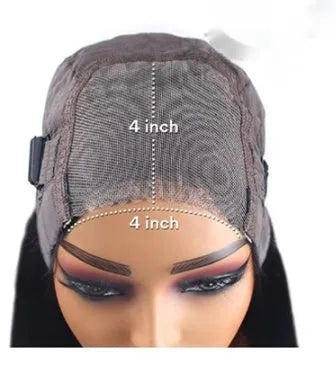 Glueless straight human hair wig with side bangs shown in natural style on a model.