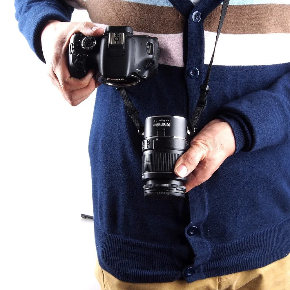 Aluminum alloy dual camera lens flipper holder with cotton strap for Canon, Nikon, and Sony cameras.