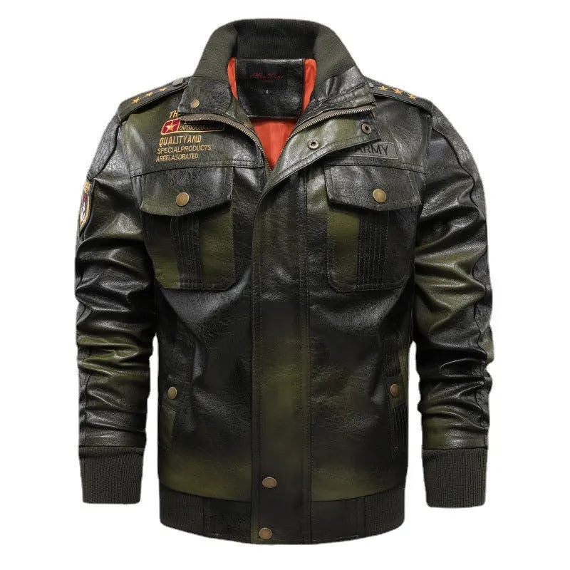 Men's short slim fit PU leather jacket with stand-up collar in brown, black or Army Green