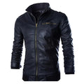 Men's artificial leather motorcycle jacket in black with polyester lining and front zip