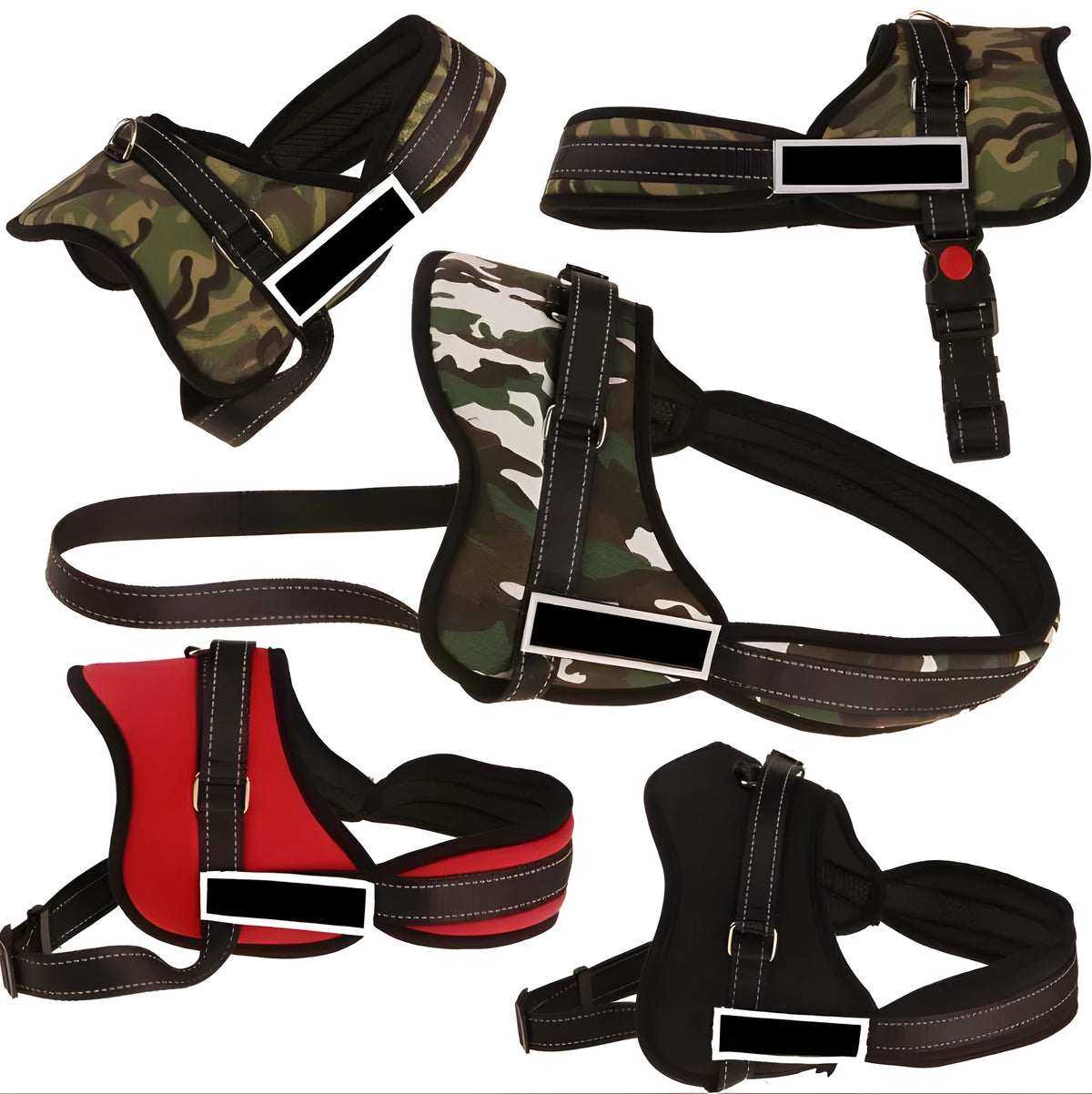 Adjustable acrylic dog chest harness with big collar, sizes S to XXL, in black, grey or green camouflage, or red