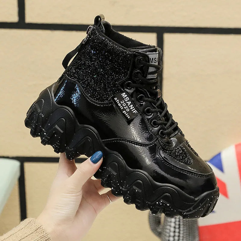 Big wavy snowflake daddy shoes with sequins, cross ties, rhinestones, sponge cake heel, waterproof platform, round toe, solid colour