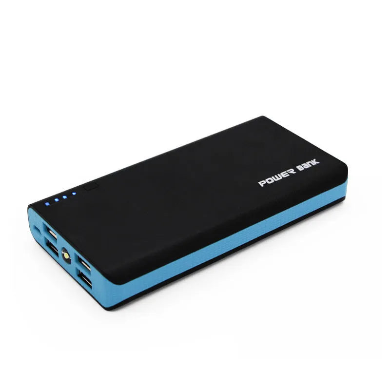 4U 20000mAh power bank in blue, showing size next to a smartphone for scale.