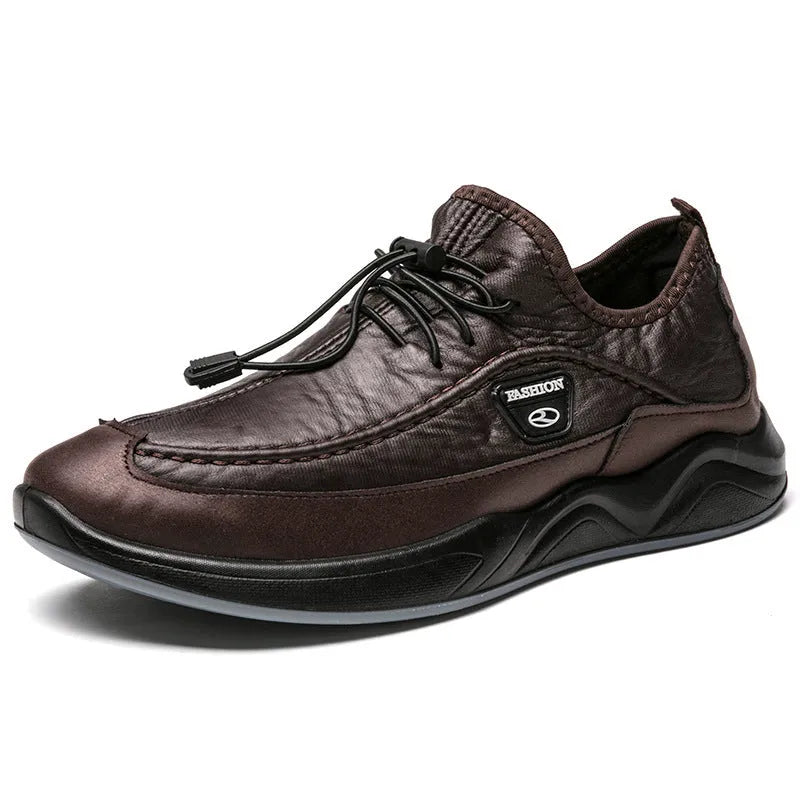 Men's leather shoe covers with two-layer cowhide upper, rubber sole, elastic band, black or brown, sizes 39-46