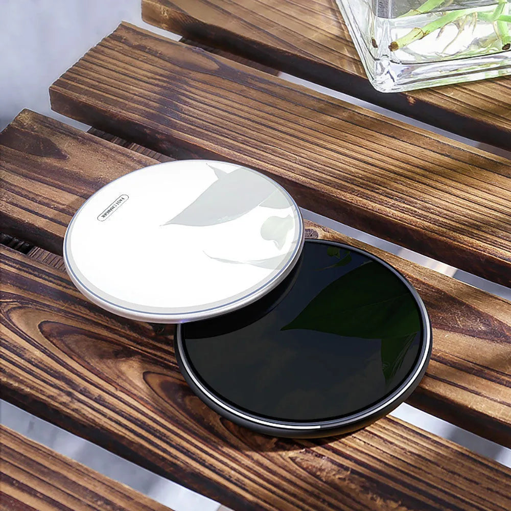 FDGAO Metal Qi Wireless Charger circular 100mm x 6mm pad in black or white aluminium alloy and ABS with Micro USB cable