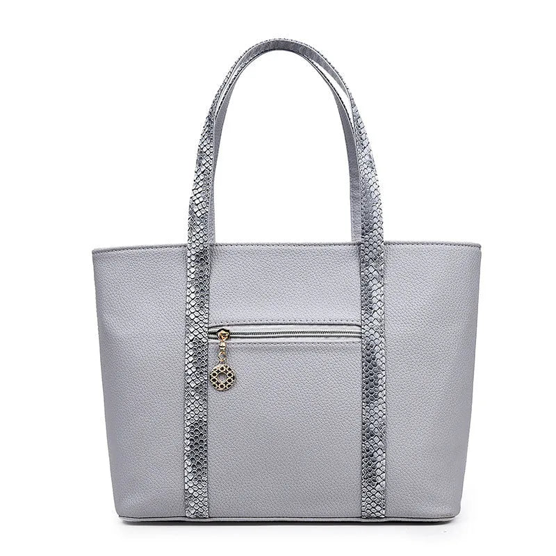 Women's shoulder bag set with handbag, wallet, card case in black, grey, white, rose red; square vertical shape with car stitching and zipper closure