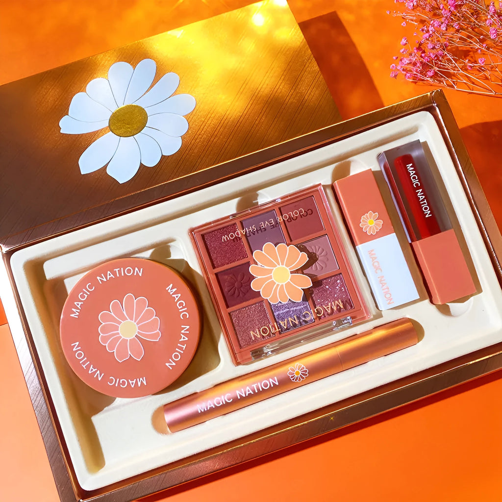 5-piece makeup set with lipstick, lip glaze, eyeshadow palette, mascara, and loose powder in Blue, Orange, or Limited edition colour