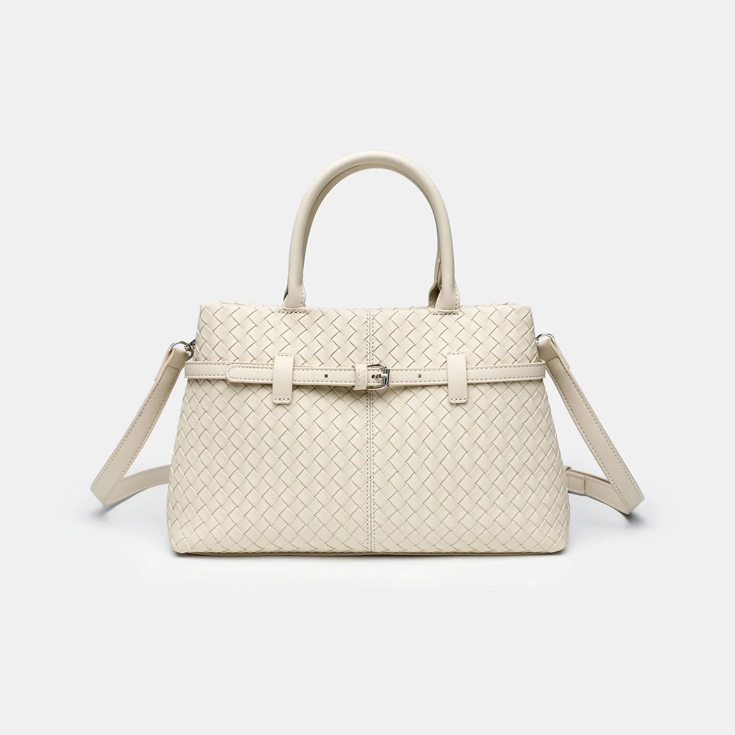 Simple commute large capacity woven pattern bag for women in beige, PU material, horizontal square shape with double shoulder straps