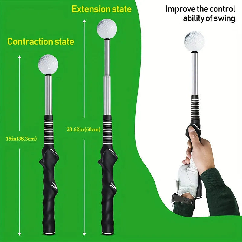 Telescopic stainless steel golf swing simulator with trainer, shown in black, blue, and red colour options.