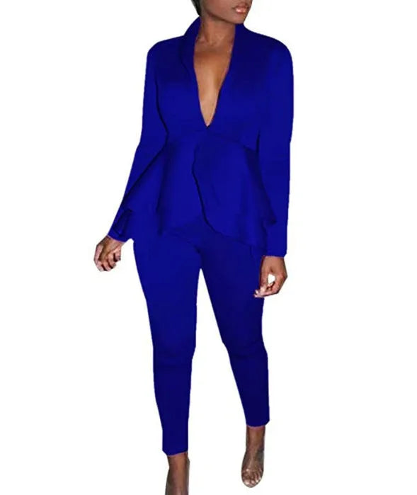 Ruffled sleeve business blazer and pencil trouser uniform set in polyester fabric