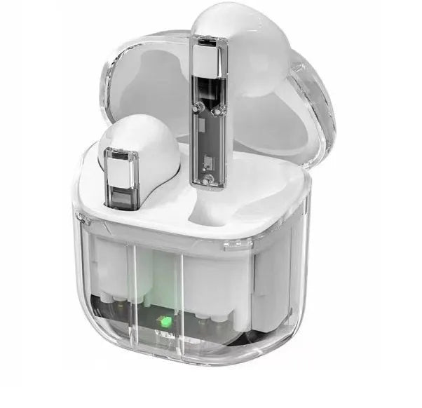 Transparent space capsule case true wireless headphones with digital battery display in multiple colours
