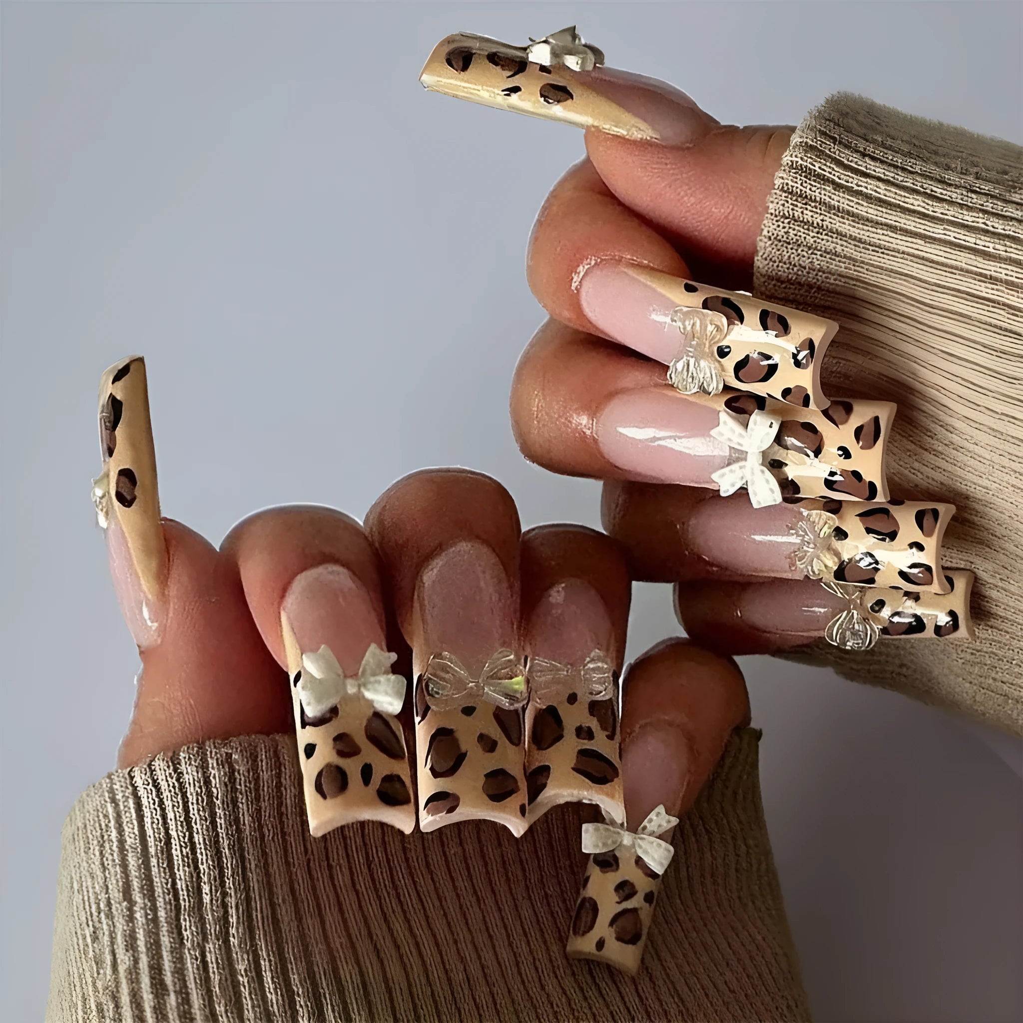 Leopard print butterfly nail art decals set with plastic pieces for manicure decoration