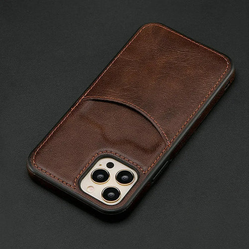 Dark blue PU leather protective case fitted on an iPhone, showing precise cutouts for camera and ports.